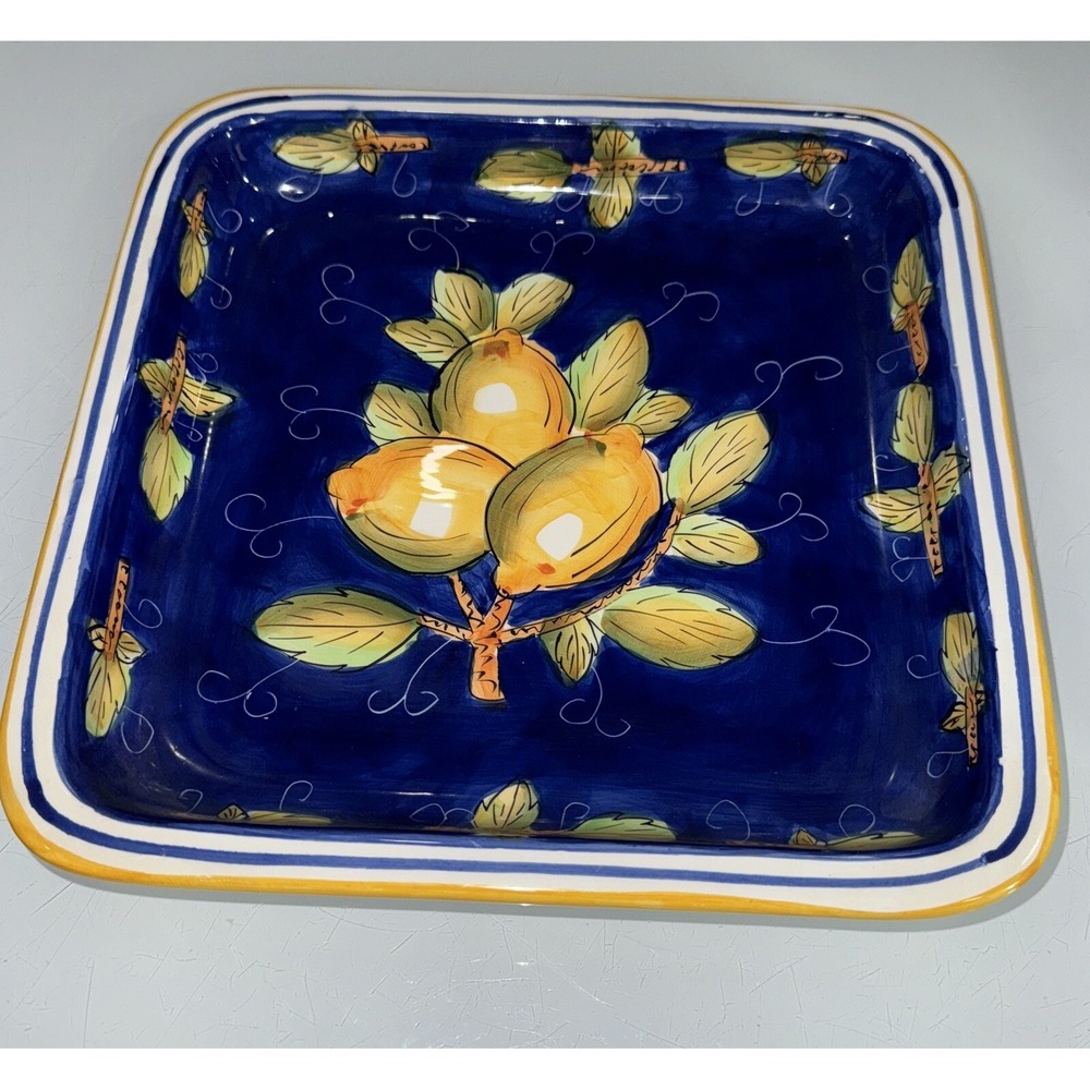 Yellow Blue Vintage Lemon Square Serving Platter Plate 10"x10"x1.5"